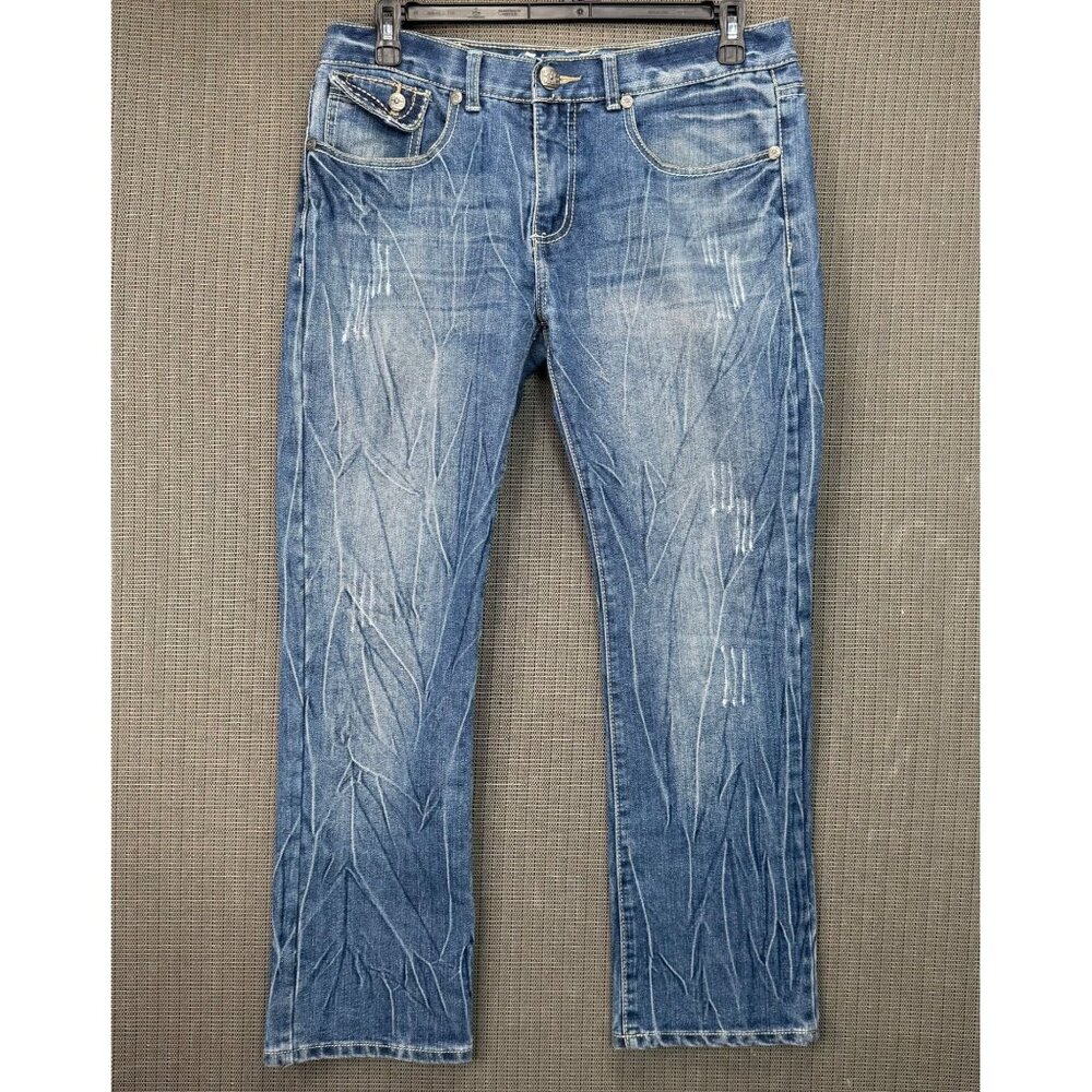 City Ink Mens 34x30 Blue Distressed Straight-Leg Jeans Low Rise Casual Denim